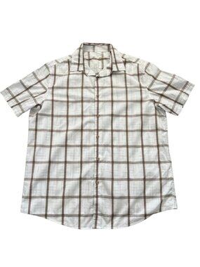Tasso Elba Men's White & Brown Plaid Button-Down Cotton Casual Shirt - Size XL
